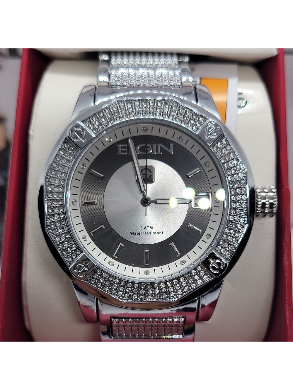 362 elgin silver dial metal bracelet dress analog wristwatch date 3 atm